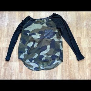 Double Zero Partially Sheer Green & Black Camo Long Sleeve Top Size S